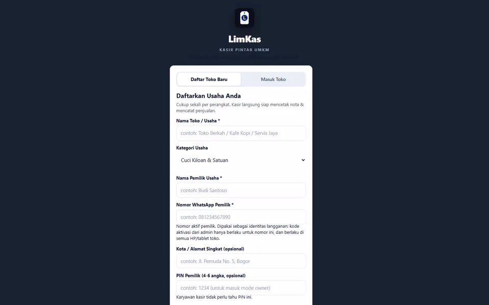 Store sign-up screen in the LimKas app